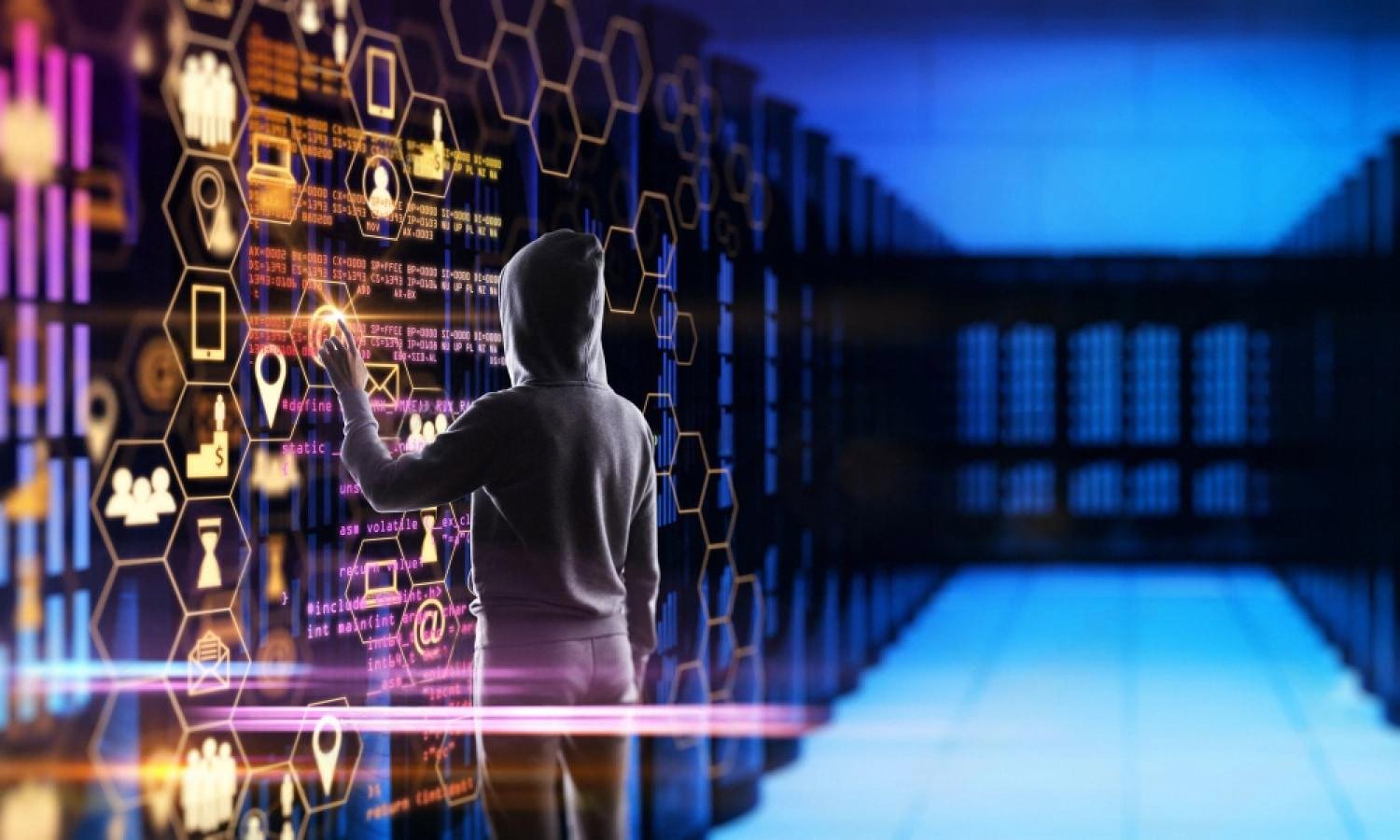 Hacker in a data centre interacting with a digital interface of icons and code, representing corporate data breaches